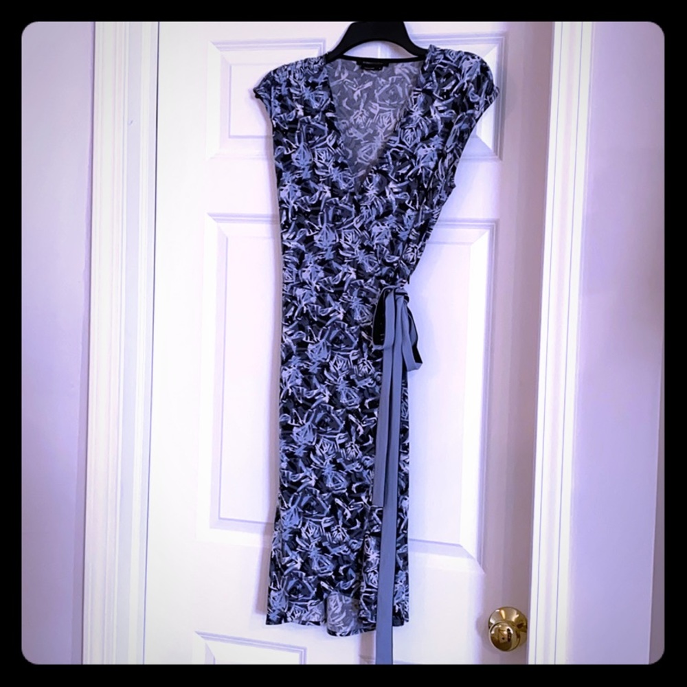 BCBG Grey and Blue patterned wrap dress